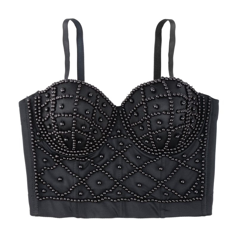 ELLACCI Sexy Pearls Beaded Bustier Corset Crop Top Club Party Cage Bra Black Large - Image 3